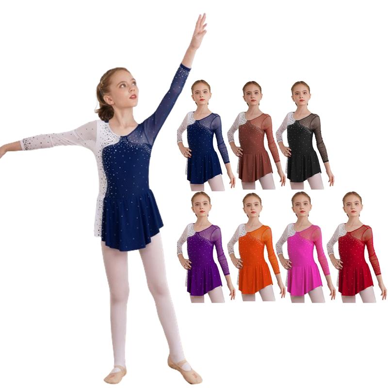 Fldy Kinderen Meisjes Lange Mouw Glanzende Strass Gymnastiek Turnpakje Ballet Dans Kostuums Figuur Schaatsen Jurk