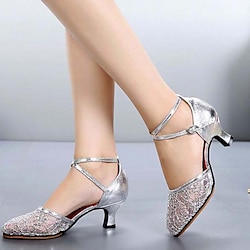 Dames Ballroom schoenen Moderne dansschoenen Salsa schoenen Line dance Prestatie Bruiloft Buiten Hakken Tule Pailletten Cuba-hak Zilver Bronzen Zwart