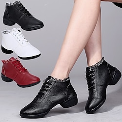 Dames Latin schoenen Dansschoenen Oefenen Square Dance Grote maten Modieus Kant Platte hak Ronde Teen Veters Zwart Wit Rood