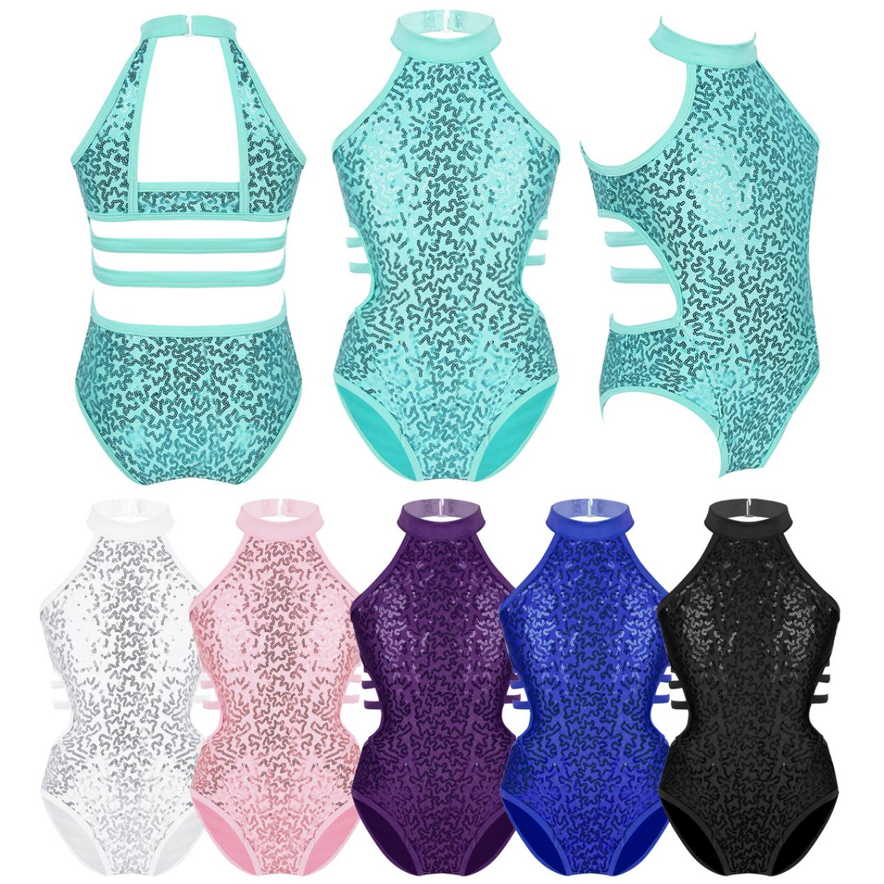 IEFiEL Kids Meisjes Halter Uitsparing Terug Strappy Taille Ballet Dans Turnpakje Glanzende Pailletten Gymnastiek Atletiek Jumpsuit