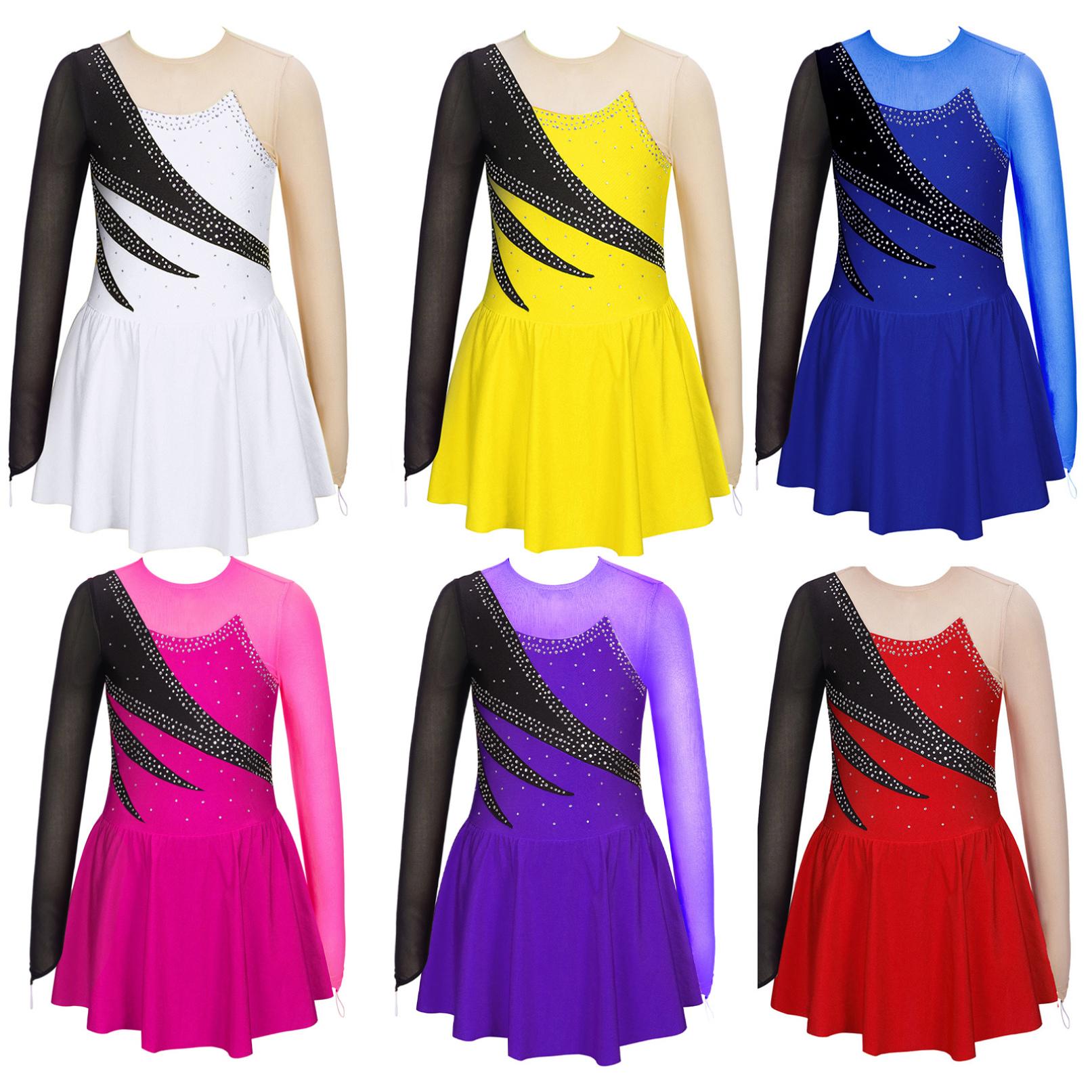 Yeahdor Kinderen Meisjes Ballet Figuur Schaatsen Dans Jurk Ritmische Gymnastiek Turnpakje Tutu Lange Mouw Glanzende Strass Sheer Mesh Dancewear