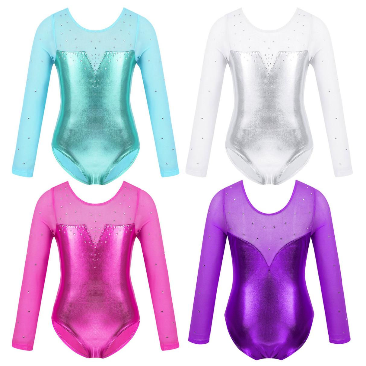 Ranrann Meisjes Turnpakje Gymnastiek Outfit voor Kinderen Lange Mouw Mesh Strass Glanzend Metallic Dans Ballerina Kostuum