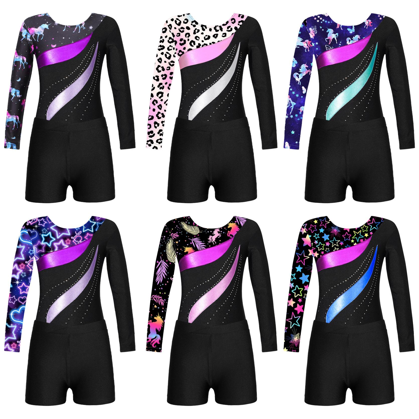 IEFiEL Kinderen meisjes lange mouw ronde hals glanzende strass decor turnpakje met shorts voor dans gymnastiektraining