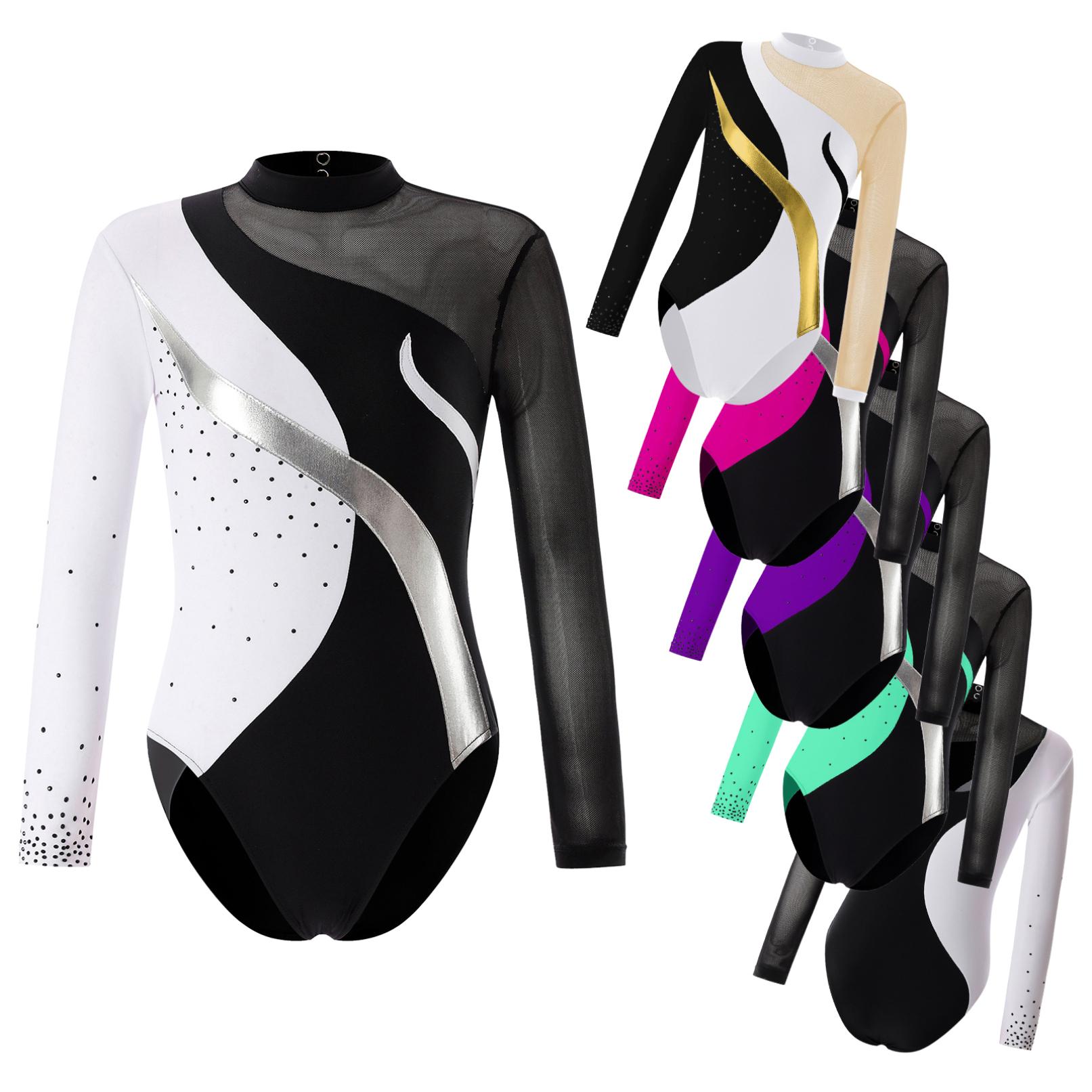 WinYing Kinderen Meisjes Ballet Dans Leotard Lange Mouw Kunstrijden Prestatie Bodysuit Strass Gymnastiek Leotard