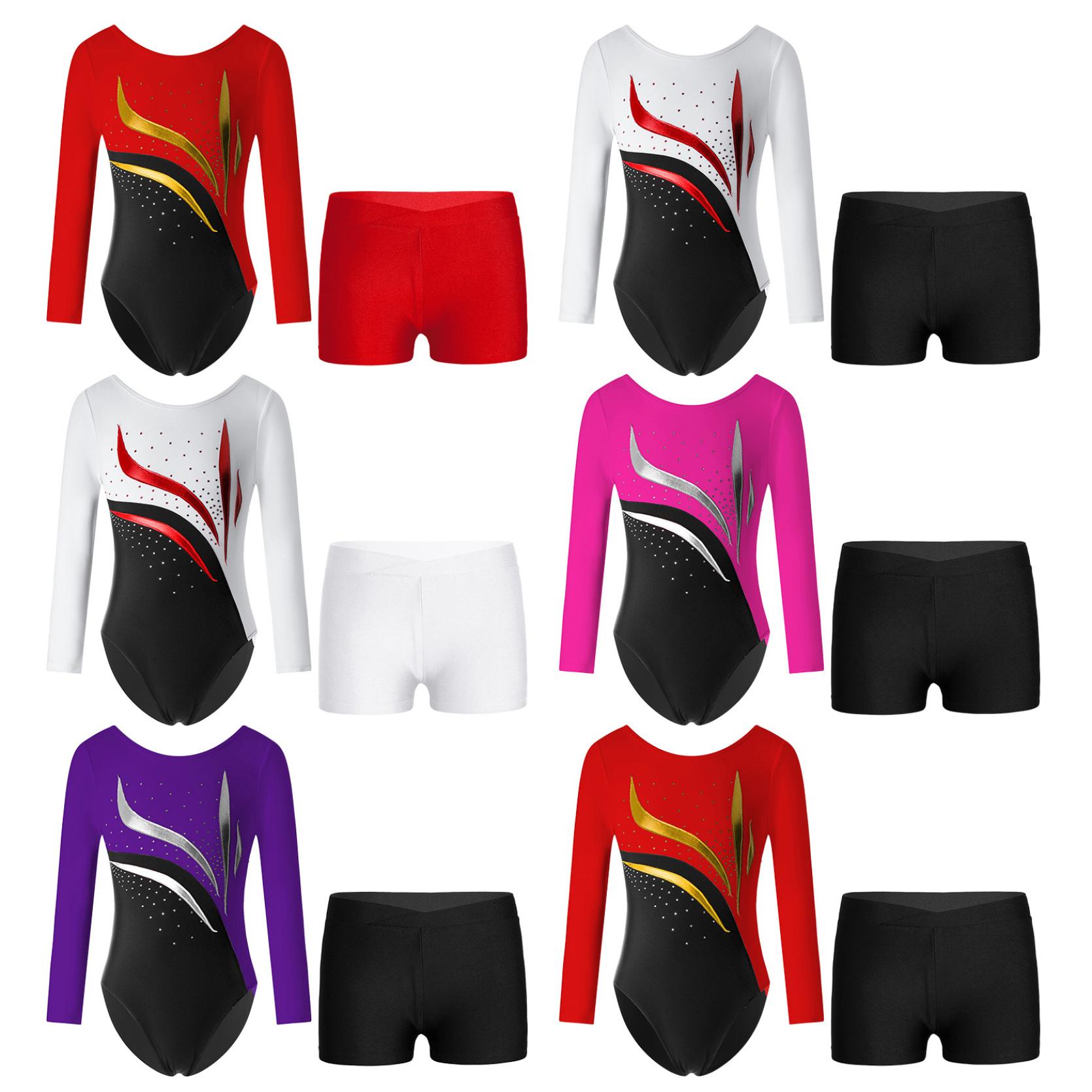 IEFiEL 2 stuks kinderen meisjes lange mouw strass decor gymnastiek maillots ballet dans bodysuit met shorts