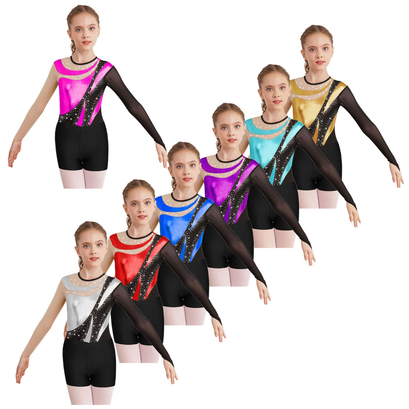 IEFiEL Kinderen meisjes gymnastiek kunstschaatsen outfit patchwork turnpakje mesh lange mouw keyhole rug bodysuit met shorts