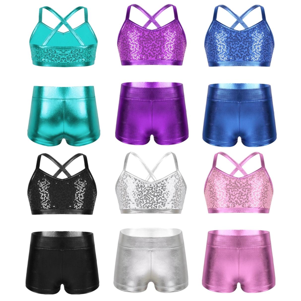 YONGHS Kinderen Meisjes 2-delige Ballet Actieve Outfits Glanzende Tank Top met Booty Shorts Gymnastiek Turnpakje Dans Gym Workout Kleding 5-6 Years meer blauwe kleur