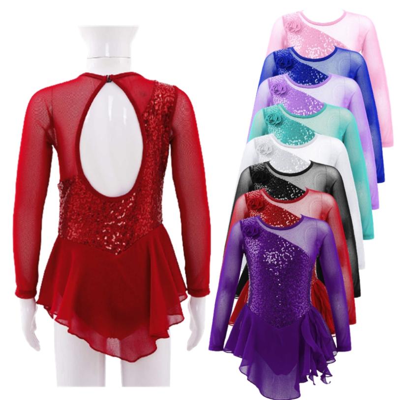 HULIJA Kinderen Meisjes Lange Mouw Kunstschaatsen Jurk Ballet Dans Gymnastiek Mesh Rok Turnpakje Dancewear Kinderen Schaatsen Kostuum 3-4 Years rood