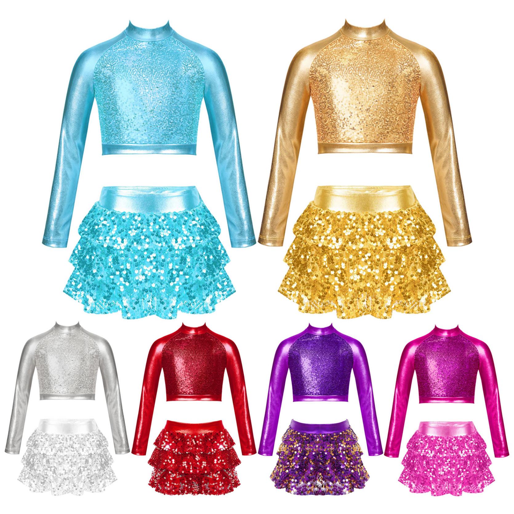 IEFiEL Kinderen meisjes jazzdansvoorstelling kostuum glanzend metallic crop top met lange mouwen en shorts met rok ballet gymnastiekoutfits 5-6 Years goud