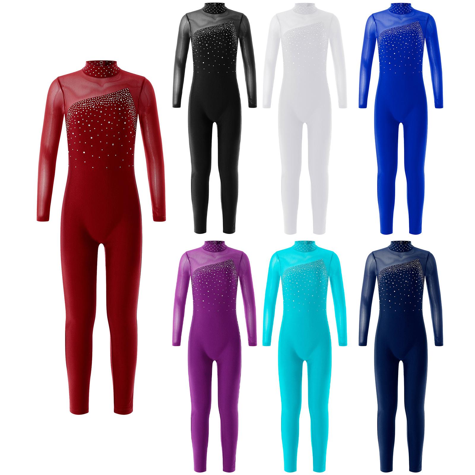 Sxiwei Kinderen meisjes gymnastiek turnpakje workout dans jumpsuit lange mouw strass decor schaatsen bodysuit 5-6 Years bordeaux