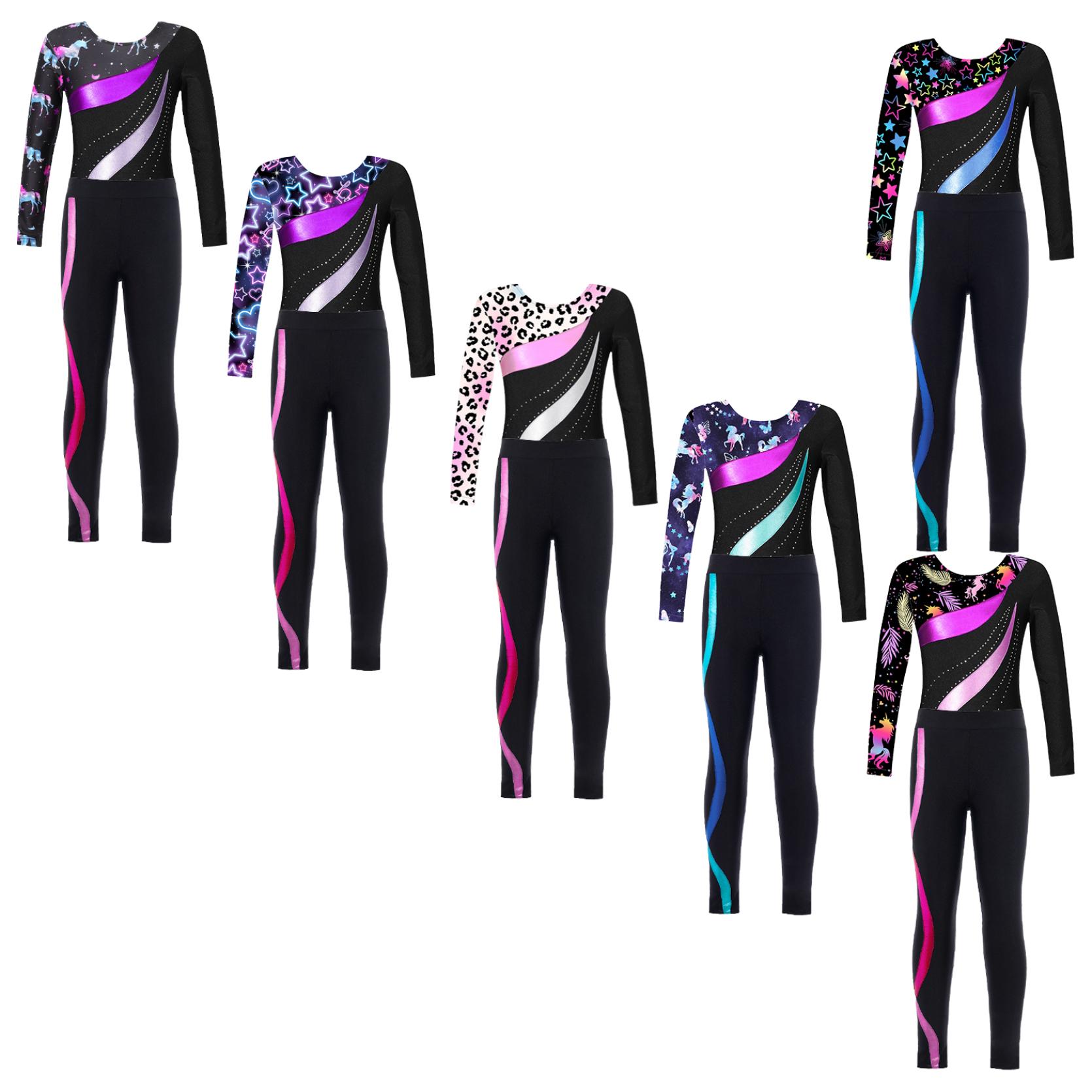 IEFiEL Kinderen Meisjes 2 Stuks Gymnastiek Dansoutfits Maillots met lange mouwen en broek Atletische Biketards Unitards 5-6 Years paars/warm roze kleur