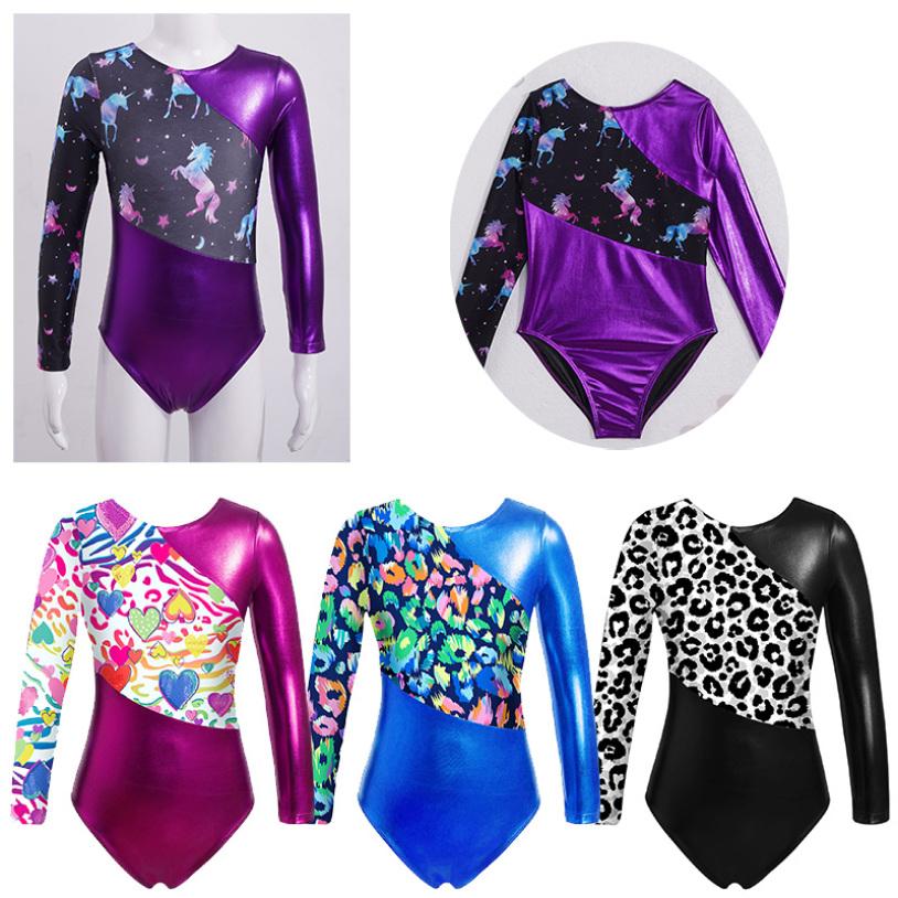 Inlzdz Gymnastiek Leotards voor Meisjes Glinsterende Danskleding Lange Mouwen Bedrukte Jumpsuit Yoga Ballet Dans Kleding 9-10 Years rozerode kleur