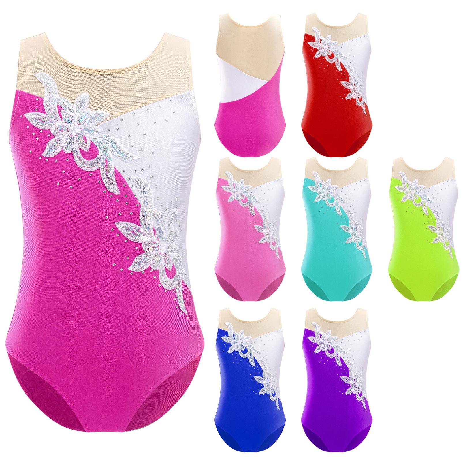 Tiaobug Kid meisjes gymnastiek turnpakje dans ballet bodysuit glanzende strass mouwloze jumpsuit kunstschaatsen kostuum prestaties 5-6 Years