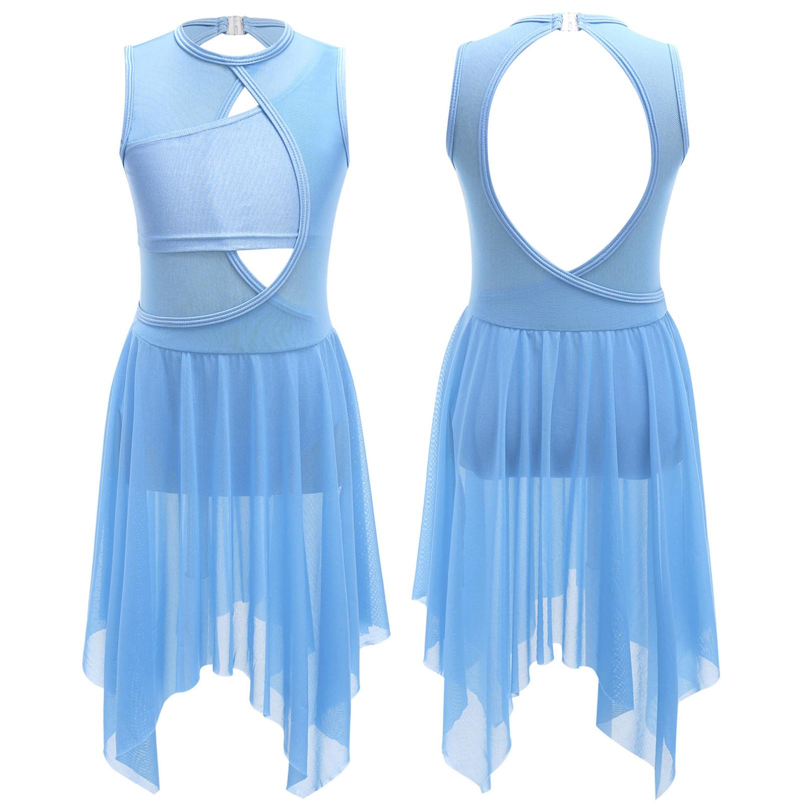 HULIJA Kinderen meisjes lyrische moderne hedendaagse dansjurk ballet turnpakje jurk uitgesneden voorkant backless mesh tule rok 5-6 Years meer blauwe kleur