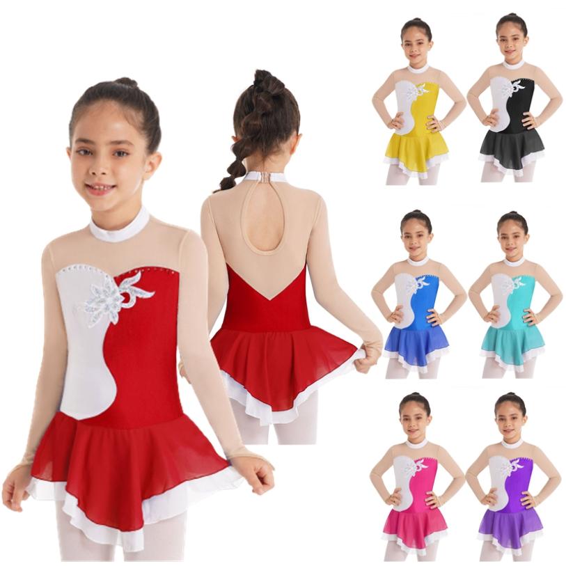 Daenrui Meisjes mesh patchwork stijl pailletten faux diamanten versierde turnpakje met lange mouwen voor schaatsdansen 12-14 Years roze