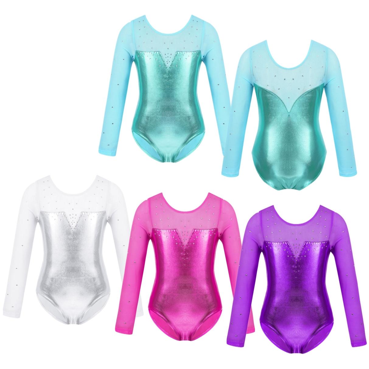 HULIJA Gymnastiek Turnpakje Meisjes Kids Mesh Lange Mouw Sparkly Strass Metallic Ballet Dans Turnpakje 3-4 Years groen