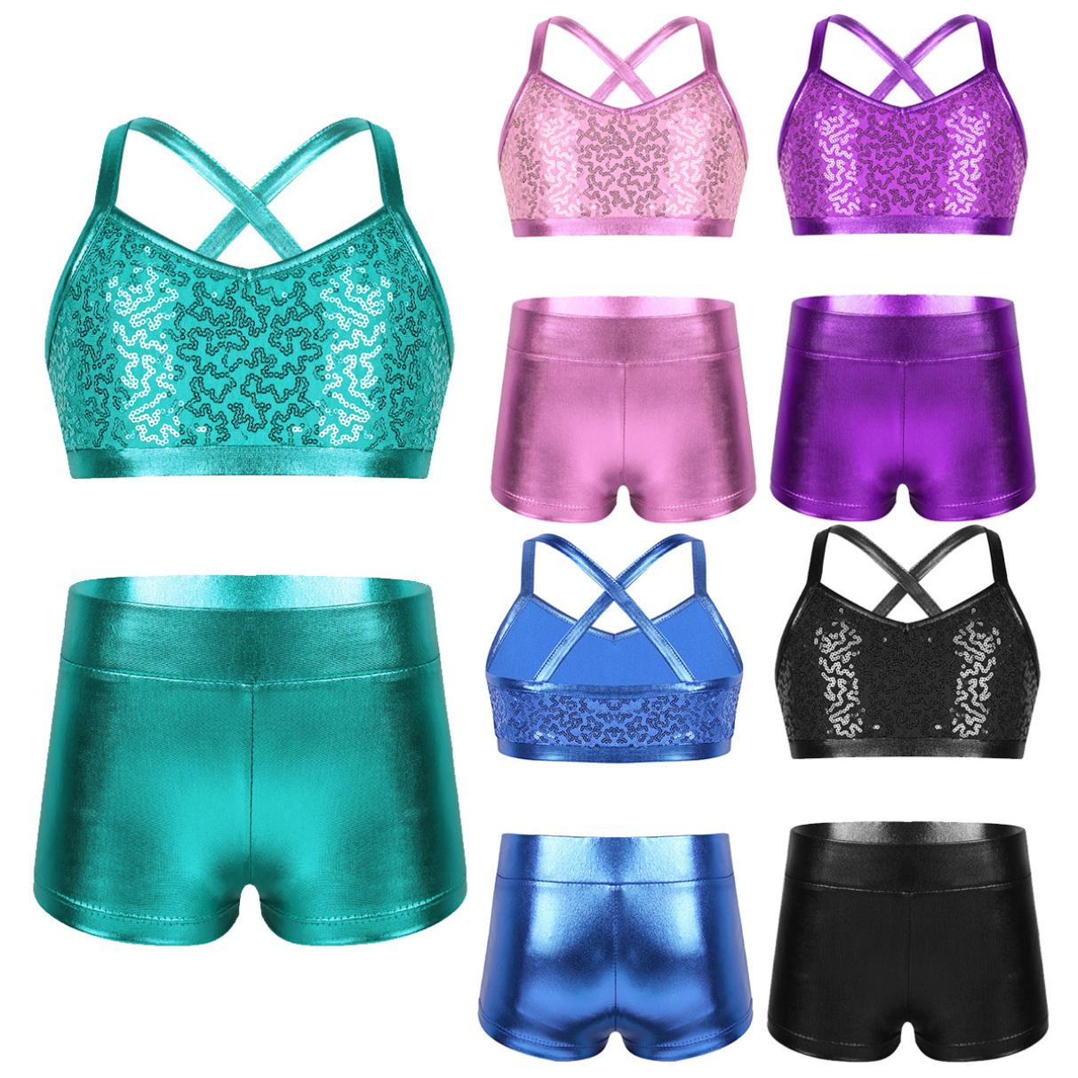 Ranrann Kinderen Meisjes 2-delige Ballet Actieve Outfits Glanzende Tank Top met Booty Shorts Gymnastiek Turnpakje Dans Gym Workout Kleding 5-6 Years meer blauwe kleur