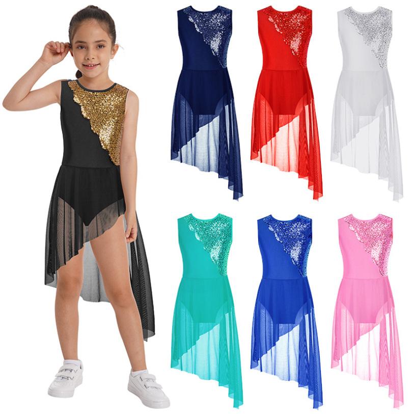 YONGHS Kinderen Meisjes Mouwloze Ronde Hals Pailletten Lyrische Dans Jurk Onregelmatige Zoom Holle Rug Gymnastiek Ballet Turnpakje Jurk 5-6 Years marineblauwe kleur