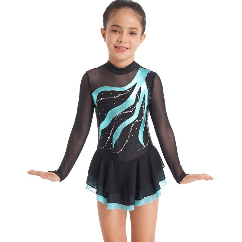 Sywiyi Kinderen Meisjes Kunstschaatsen Jurk Glanzende Lange Mouw Ballet Tutu Gymnastiek Dans Turnpakje Jurk Dancewear 5-6 Years meer groene kleur