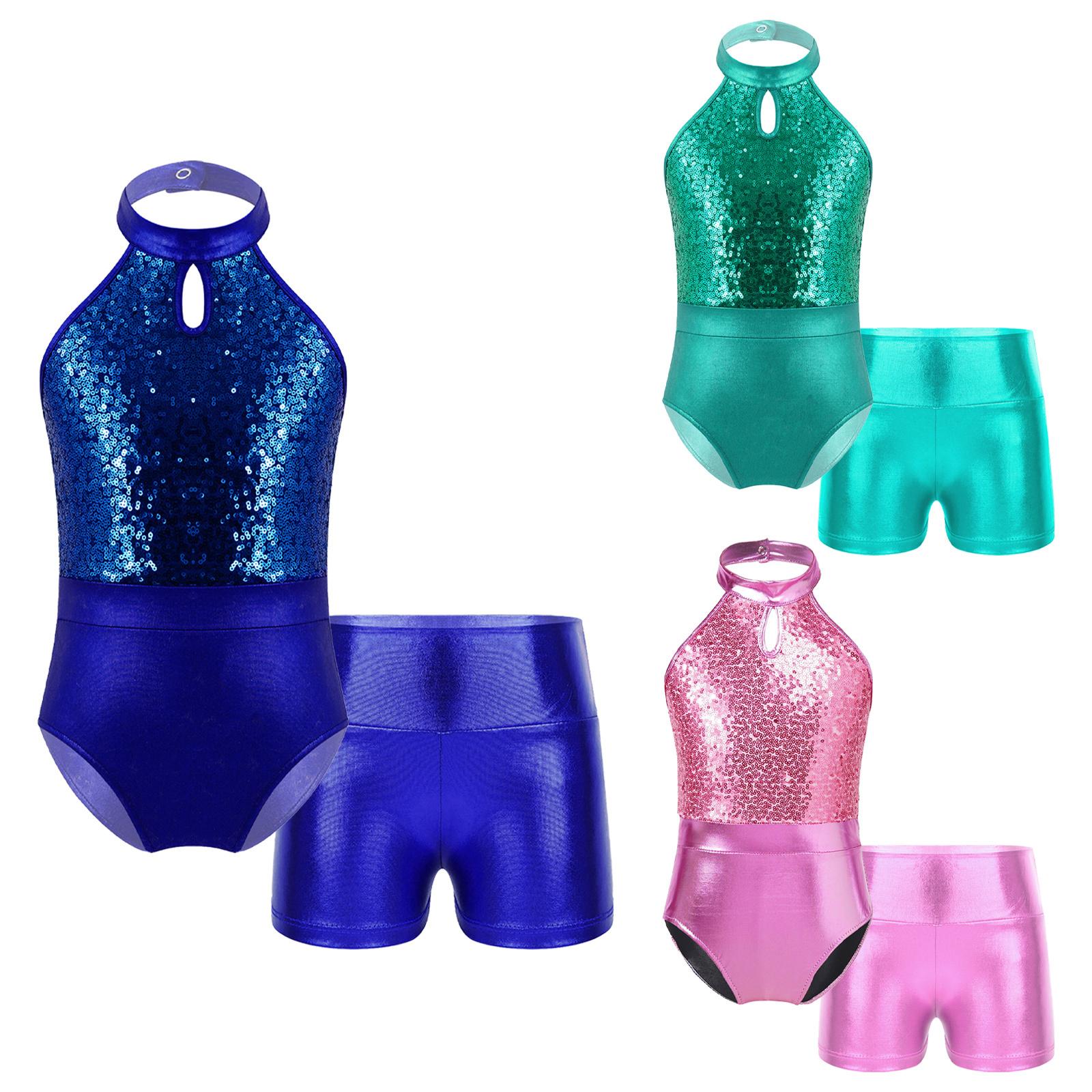 RUNQHUI 2 stuks kinderen meisjes mouwloze pailletten patchwork gymnastiek maillots ballet dans bodysuit unitards met shorts 5-6 Years koningsblauwe kleur