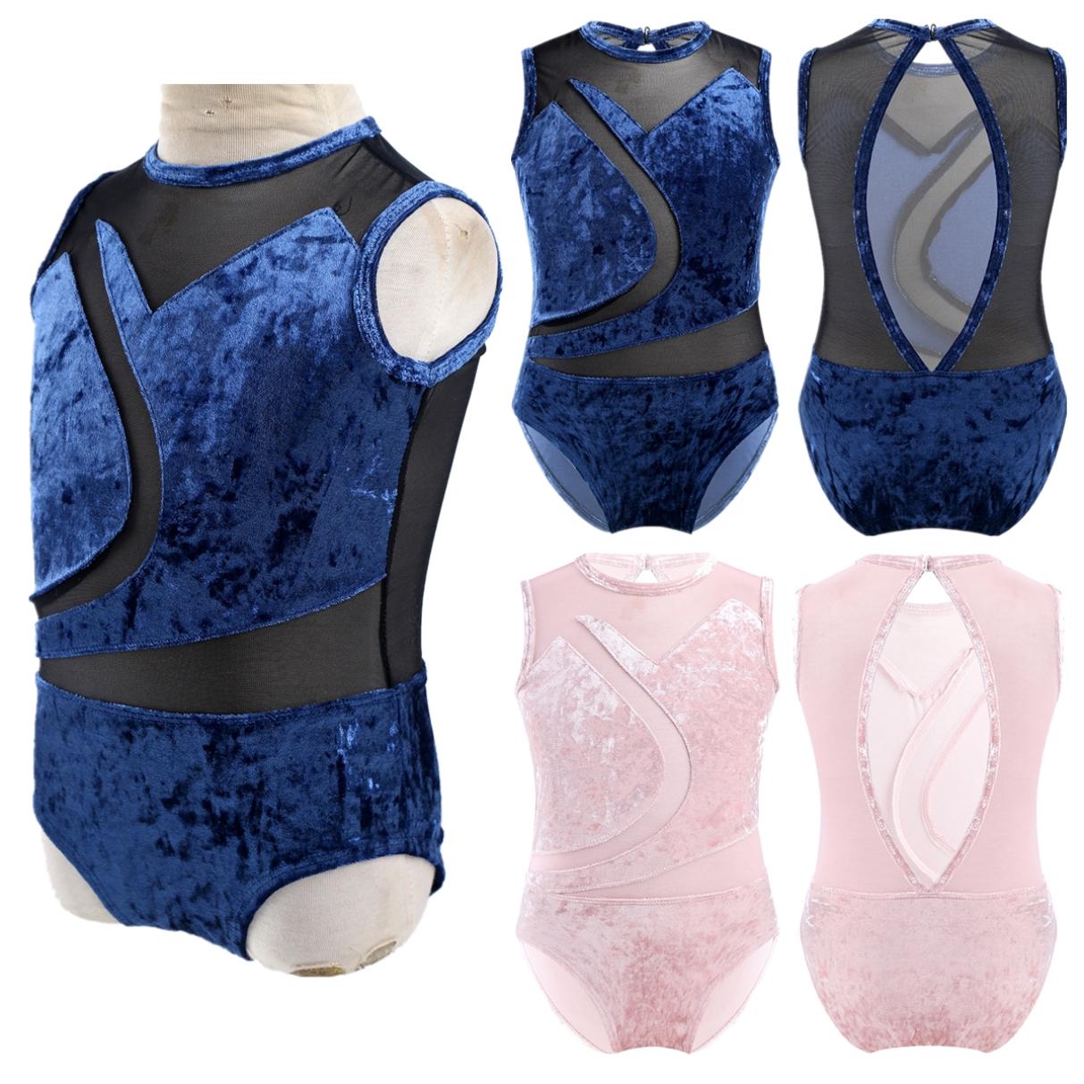 YONGHS Kinderen meisjes mouwloos uitgesneden rug fluwelen ballet turnpakje gymnastiek ballerina danskleding bodysuit 3-4 Years marineblauwe kleur