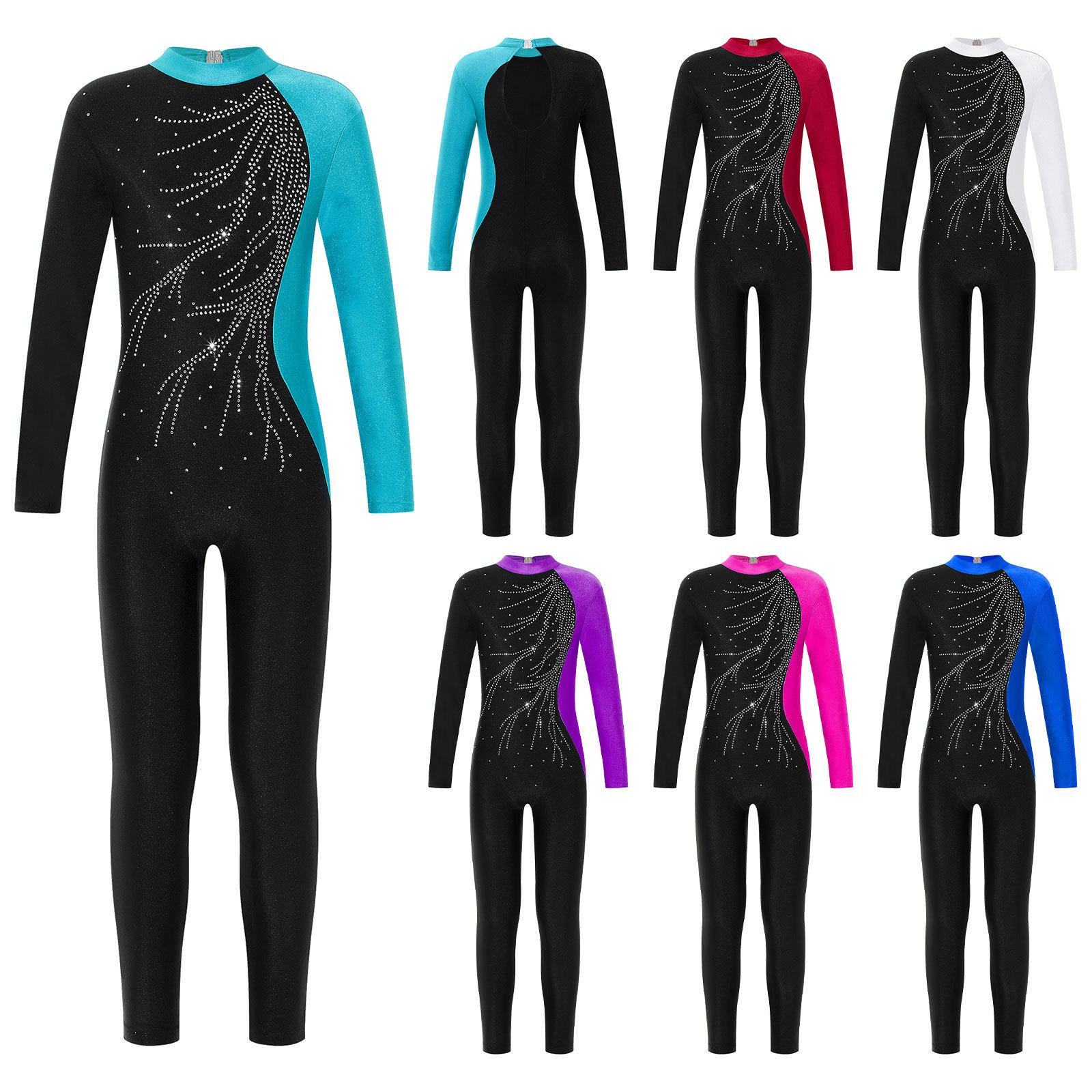 ZDHoor Kinderen Meisjes Glanzend Strass Decor Dans Slim Fit Gymnastiek Schaatsen Turnpakje Jumpsuit 5-6 Years zout water