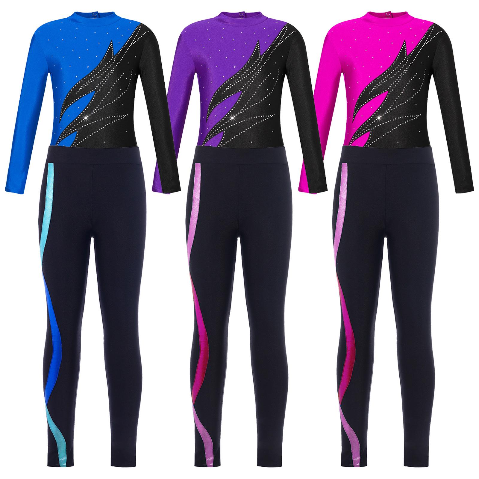 RUNQHUI Kinderen meisjes 2-delige schaatskleding met lange mouwen en nephals turnpakje met leggingset voor danstrainingskleding 5-6 Years blauw