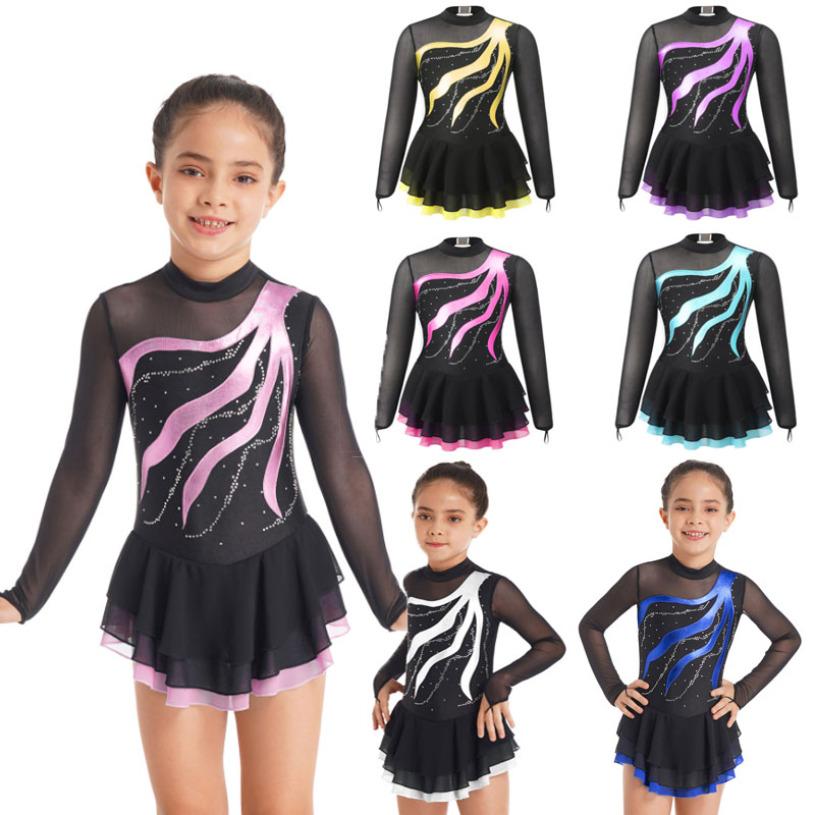 Inhzoy Kinderen meisjes lange mouw kunstschaatsjurk glanzende strass mesh tutu ballet gymnastiek dans turnpakje jurk 5-6 Years meer groene kleur