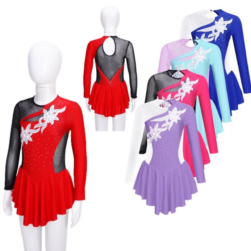 HULIJA Meisjes kunstschaatsjurk pailletten mesh lange mouw turnpakje gymnastiekpak balletkleding danskostuum 5-6 Years rood