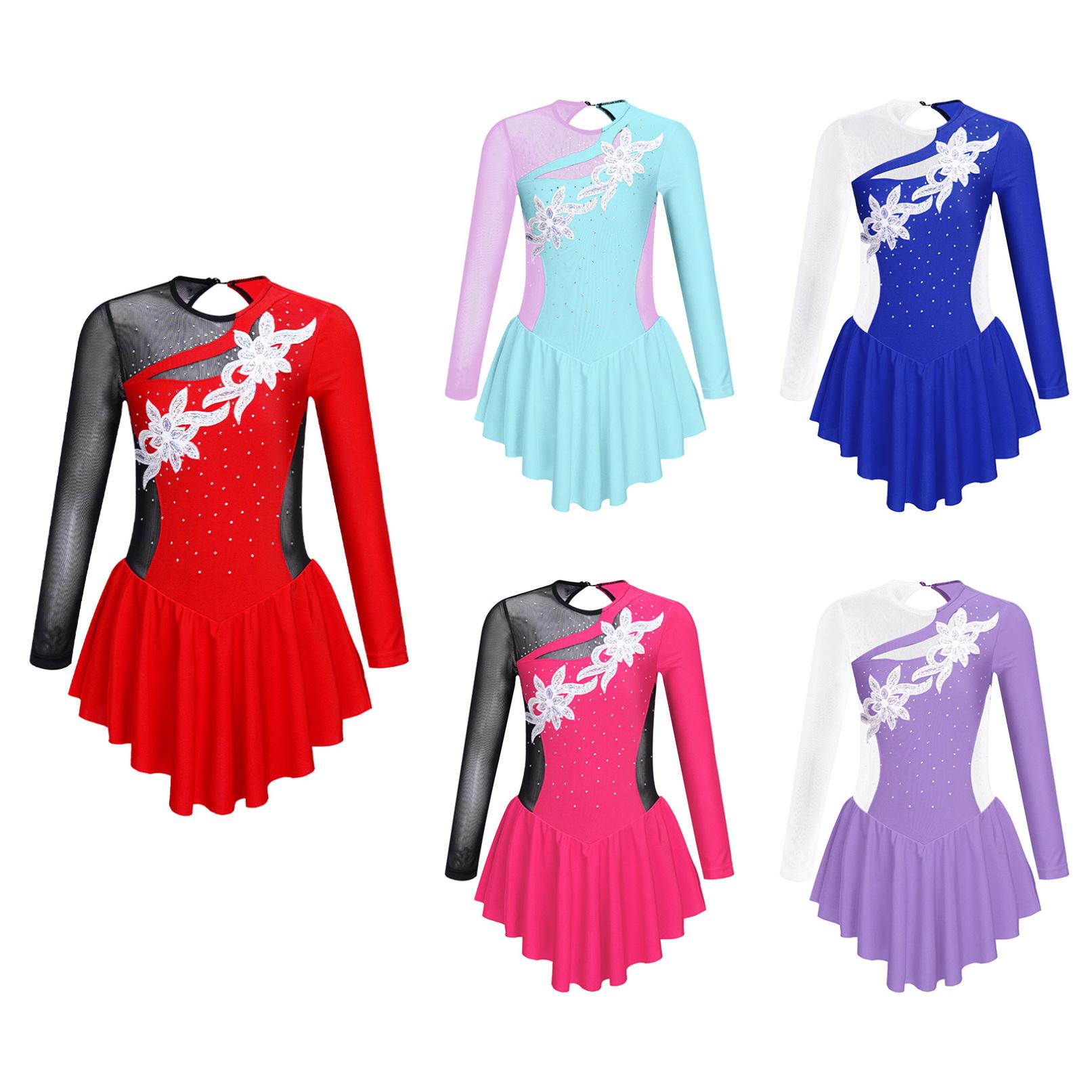 YONGHS Kinderen Meisjes Kunstschaatsen Jurk Lange Mouw Glanzende Strass Tutu Ballet Dans Jurken Gymnastiek Turnpakje Dancewear 5-6 Years rood