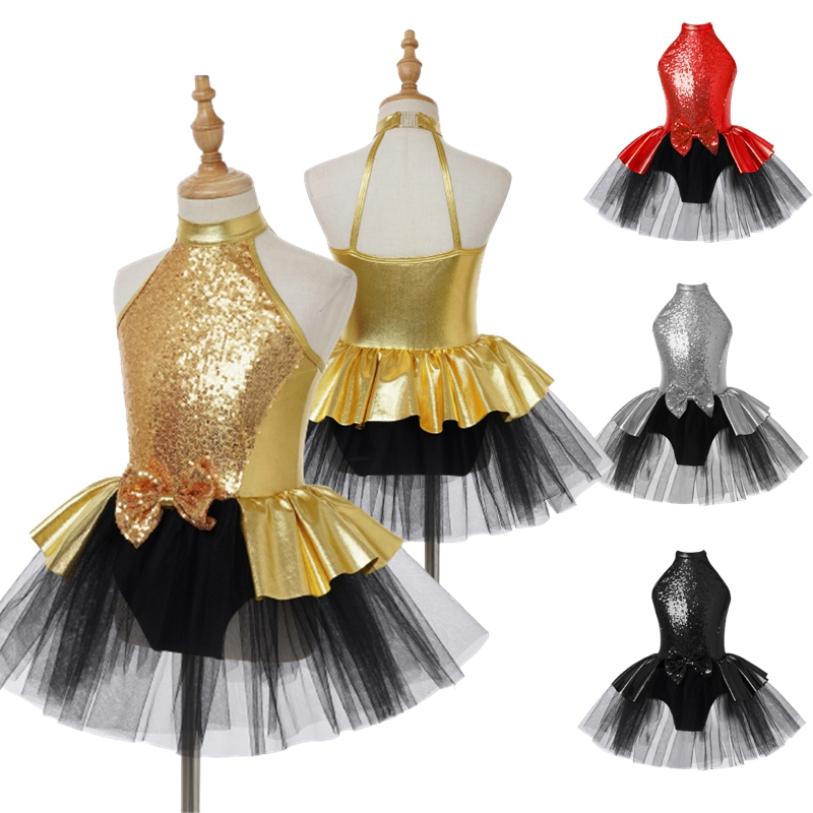 HULIJA Kinderen Meisjes Sparkly Pailletten Halter Uitsparing Terug Ballet Dans Tutu Jurk Turnpakje Ballerina Competitie Stage Performance Kostuum 5-6 Years goud