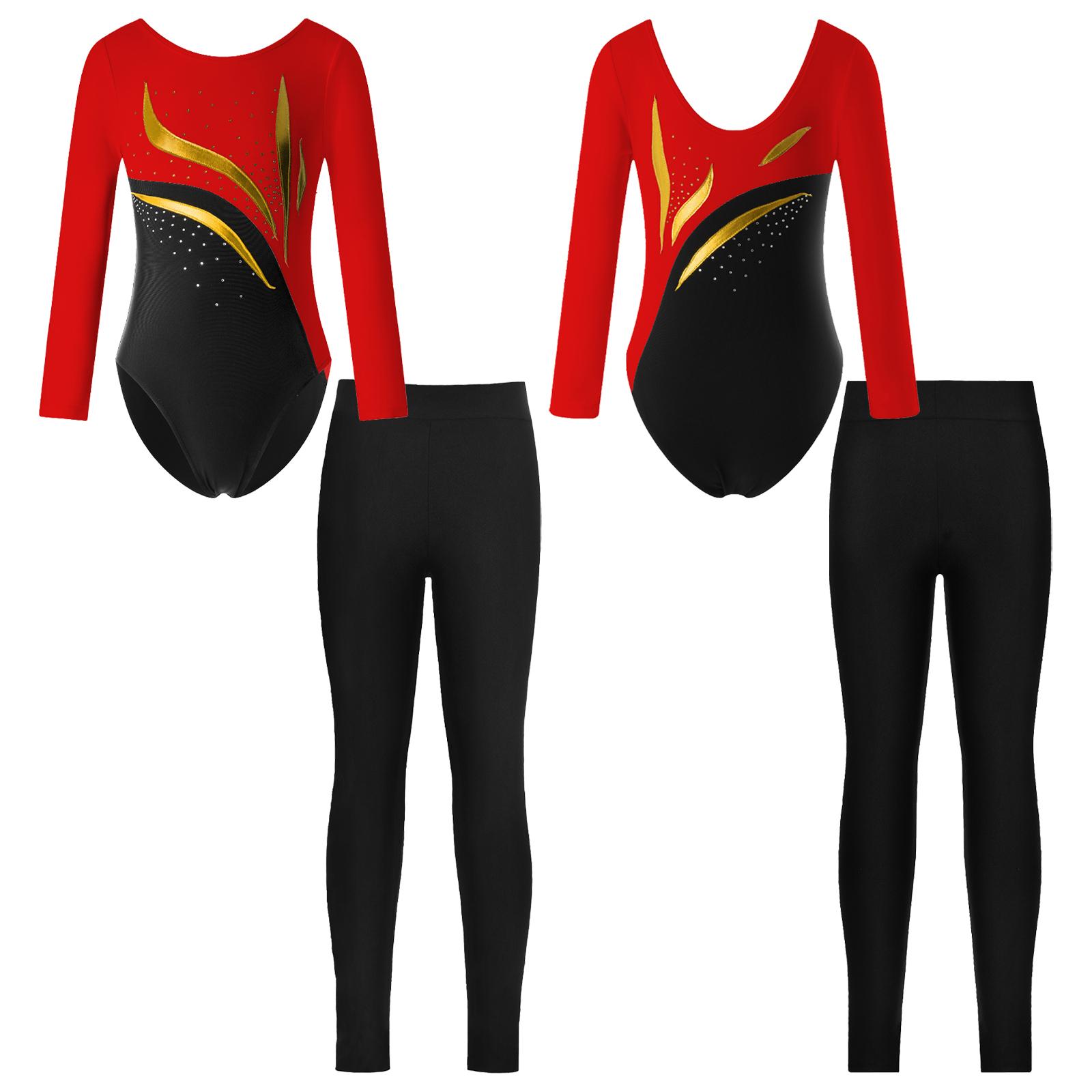 ZDHoor Meisjes Gymnastiek Schaatsen Dansoutfits Turnpakje met lange mouwen, ronde hals en leggings Kinderdanskleding 5-6 Years zwart/wit