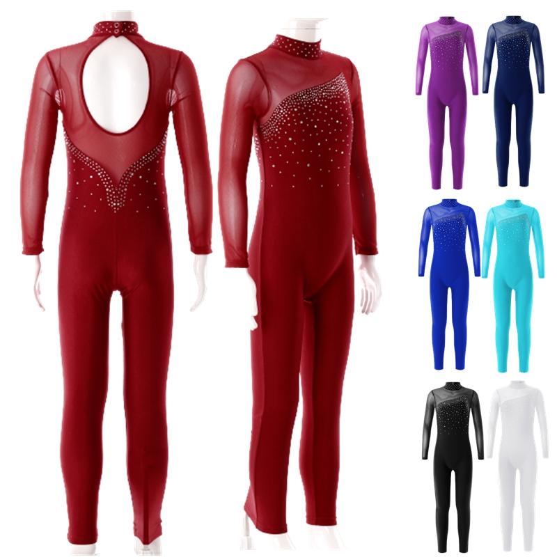 ZDHoor Kinderen Meisjes Stijlvolle Schaatskleding uit één stuk Lange mouw Ronde kraag Glanzend Strass Decor Dansmaillots 5-6 Years bordeaux