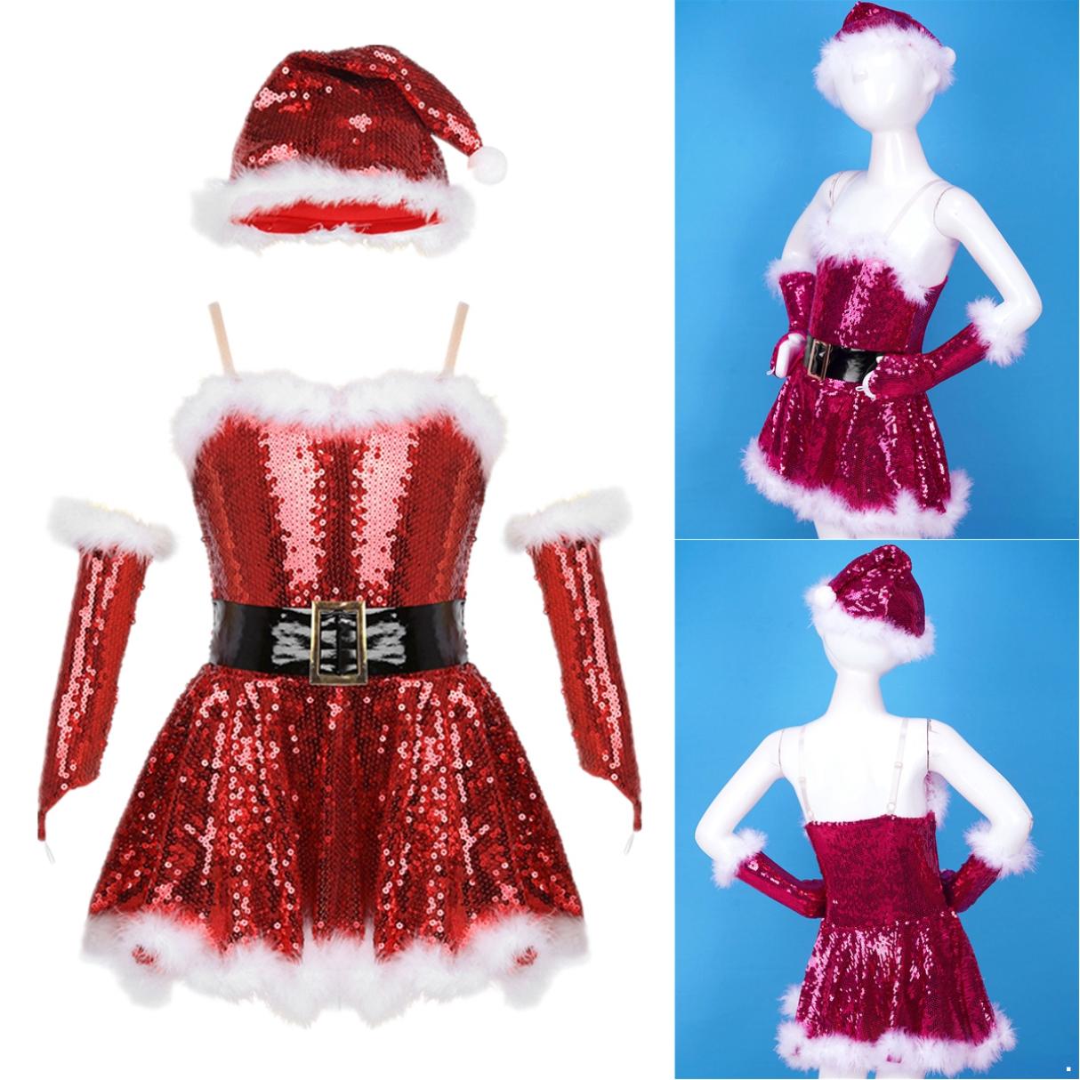 Inlzdz Kinderen Meisjes Kerst Outfit Pailletten Figuur Ijs Rolschaatsen Ballet Dans Turnpakje Jurk met Hoed Armmouwen 5-6 Years rood