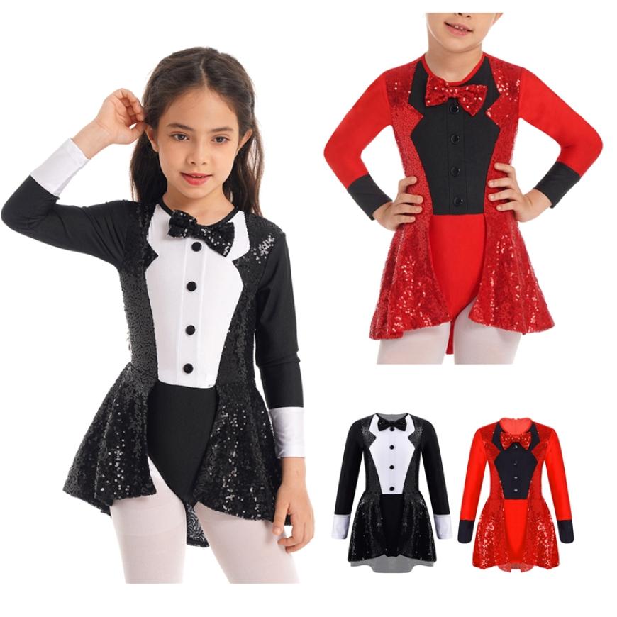 IEFiEL Kinderen Meisjes Lange Mouw Ballroom Latin Jazz Ballet Dans Jurk Strikje Pailletten Decor Turnpakje Dancewear Cosplay Kostuum 3-4 Years zwart