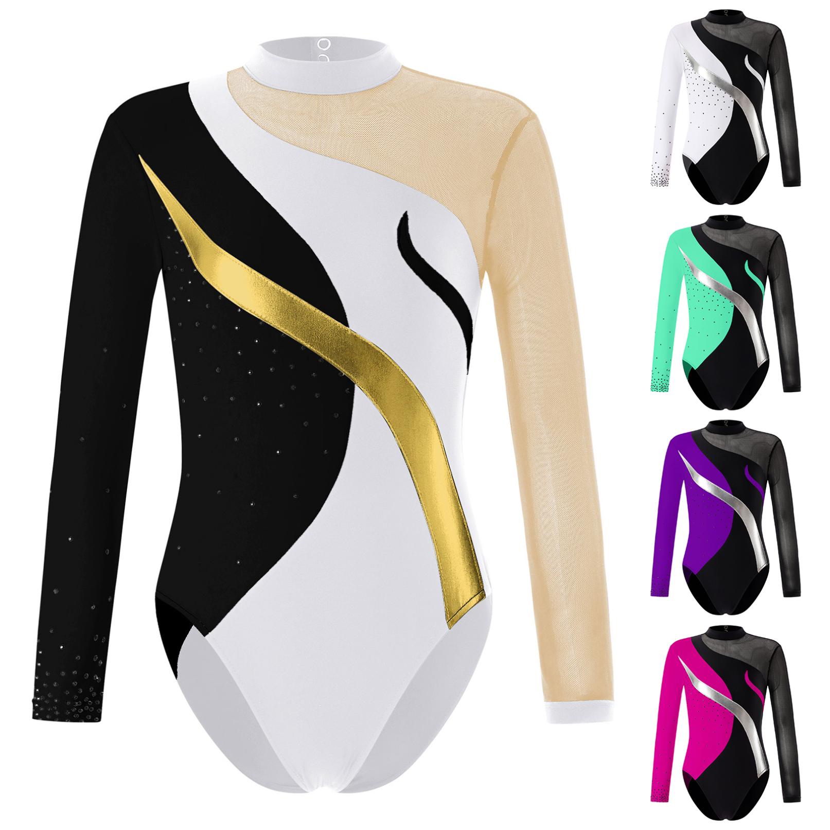 YONGHS Meisjes eendelig gymnastiek ballet dans turnpakje met lange mouwen kinderen mesh splice glanzende diamant atletische bodysuit 5-6 Years zilver/wit