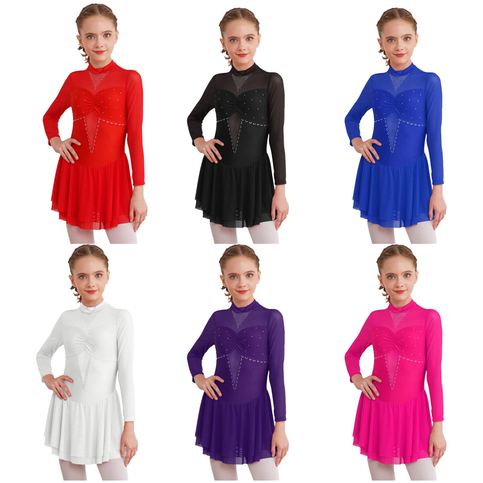 YONGHS Meisjes Sparkly Strass Ballet Lyrische Dans Jurk Lange Mouw Figuur Schaatsen Gymnastiek Turnpakje Jurk Danskleding 13-14 Years koningsblauwe kleur