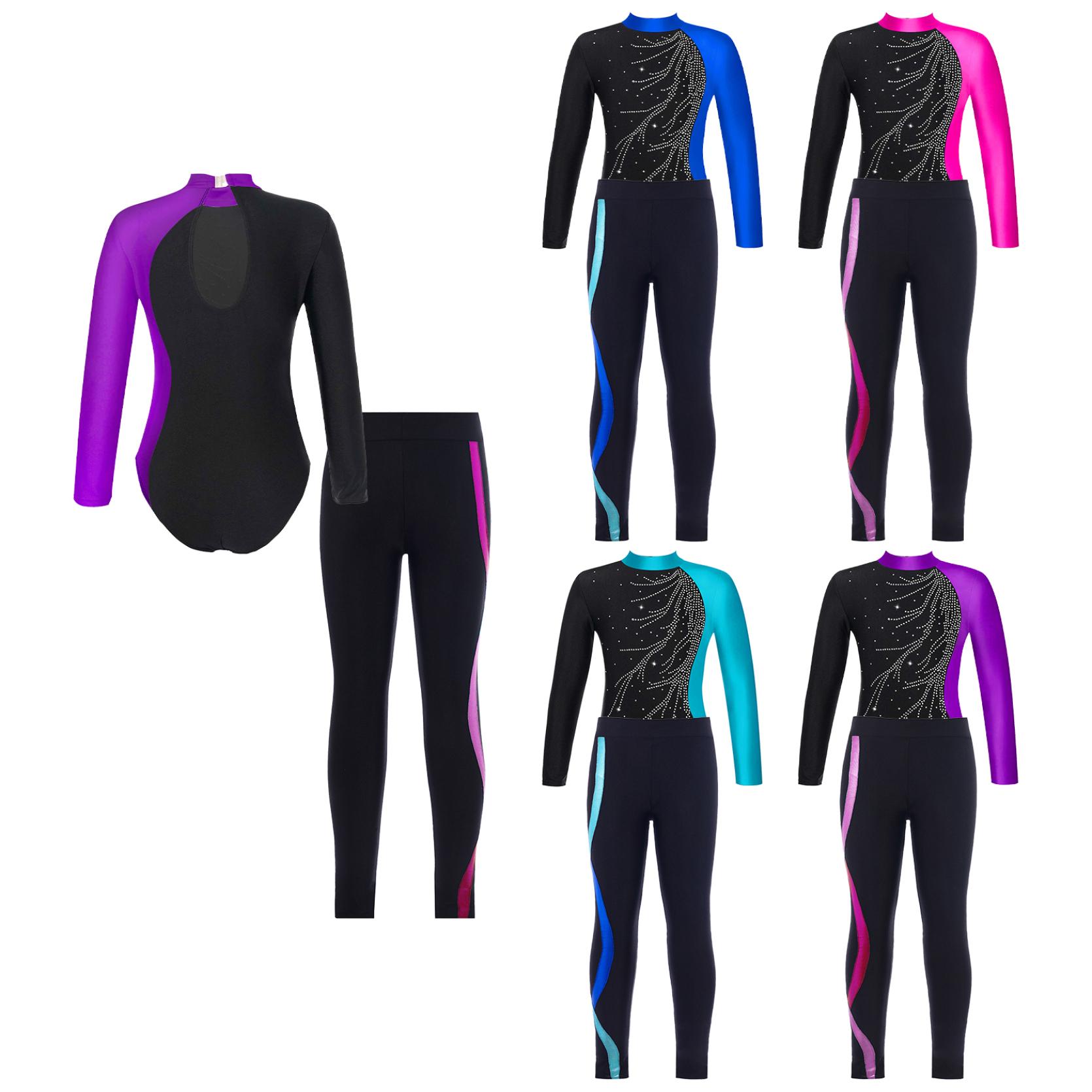 IEFiEL Kinderen meisjes gymnastiek danspakje met legging set ballet schaatswedstrijd actieve bodysuit 5-6 Years paars/helder roze