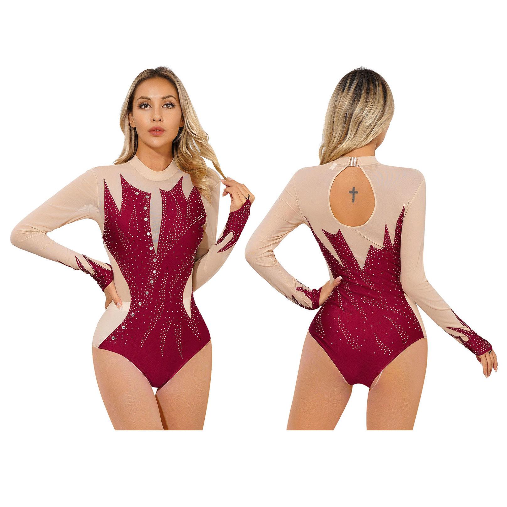 Inhzoy Dames Strass Ballet Gymnastiek Turnpakje Danspakje met lange mouwen en kunstschaatsbodysuit M bordeaux