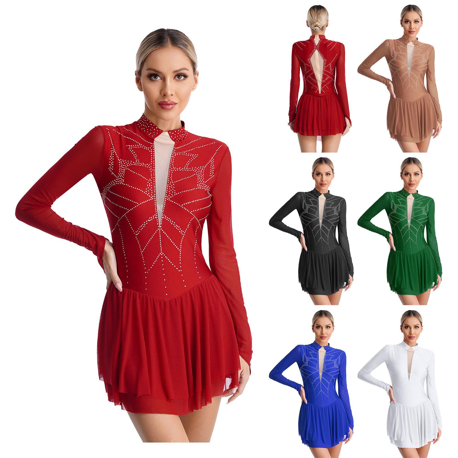 Sxiwei Womens kunstschaatsjurk dansvoorstelling wedstrijd kostuum glanzende strass steentjes mock hals lange mouw jurk S bordeaux