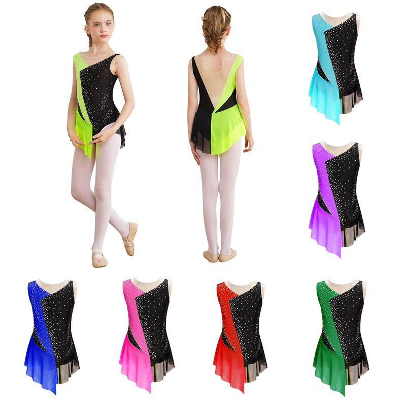 Linjinx Kinderen meisjes gymnastiek ballet jumpsuit sprankelende strass pure mesh bodysuit lyrische danskleding 5-6 Years fluorescerende groene kleur