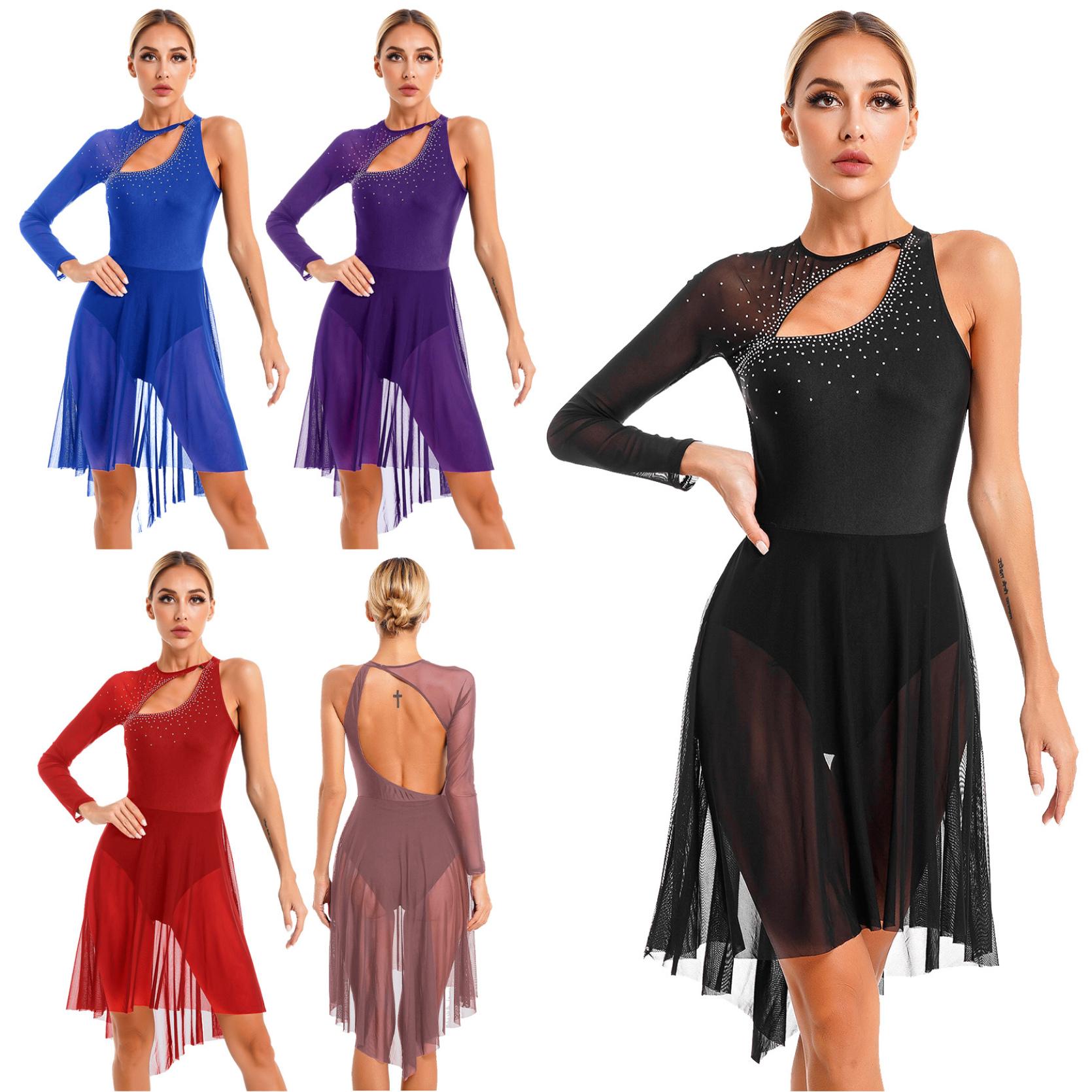 IEFiEL Dames Strass Mesh Splice Figuur Schaatsen Jurk Gymnastiek Turnpakje Jurk Lyrisch Danskostuum S bordeaux