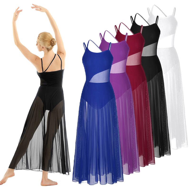 IEFiEL 2 Lyrische dansjurk Asymmetrische mesh maxi-jurk Balletpakje Ballroom danskleding voor vrouwen XS zwart