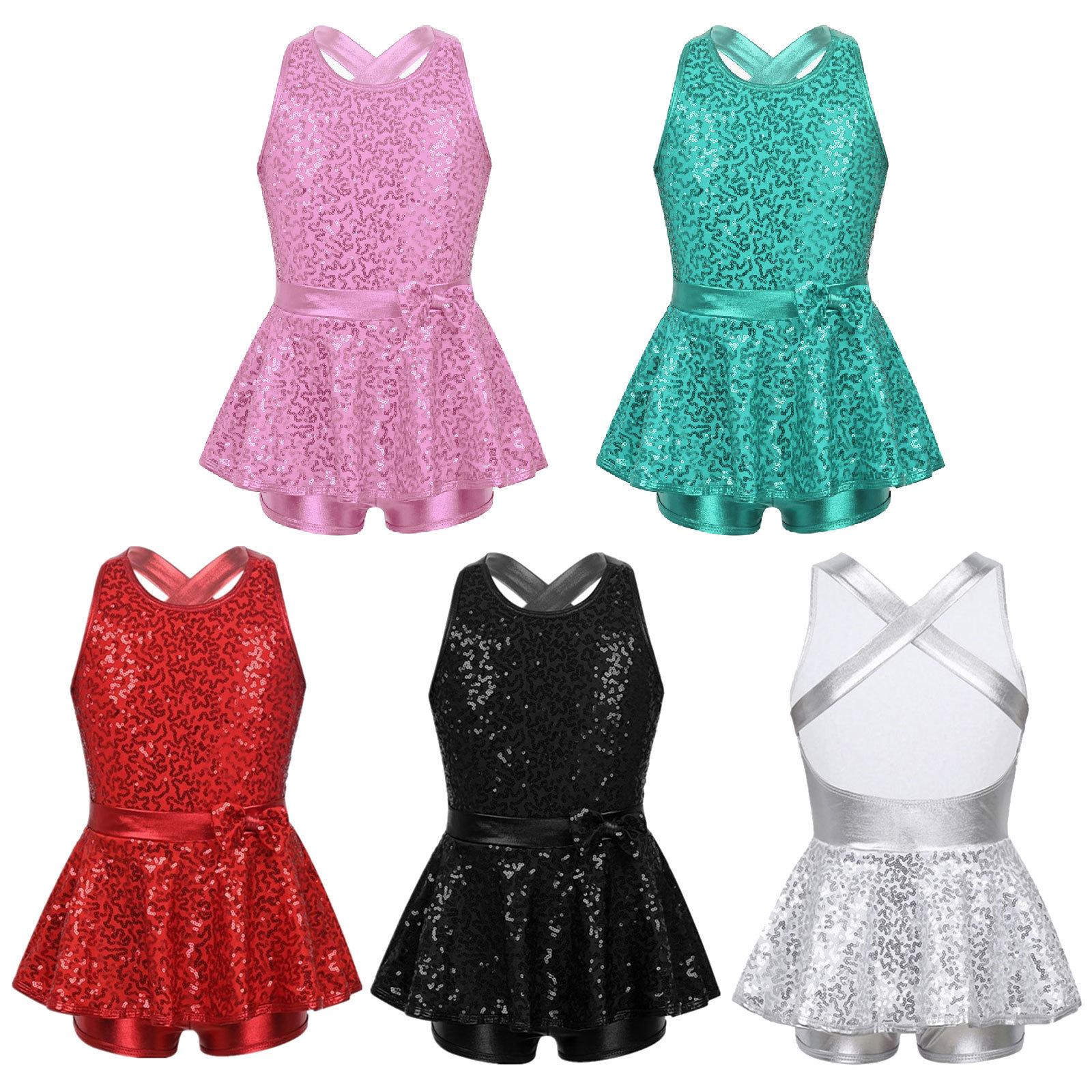 IEFiEL Meisjes Kinderen Sequin Ballet Jazz Modern Tap Jurk Danskleding Prestatiekostuum Criss Cross Back Leotard Shorts 14-16 Years rood