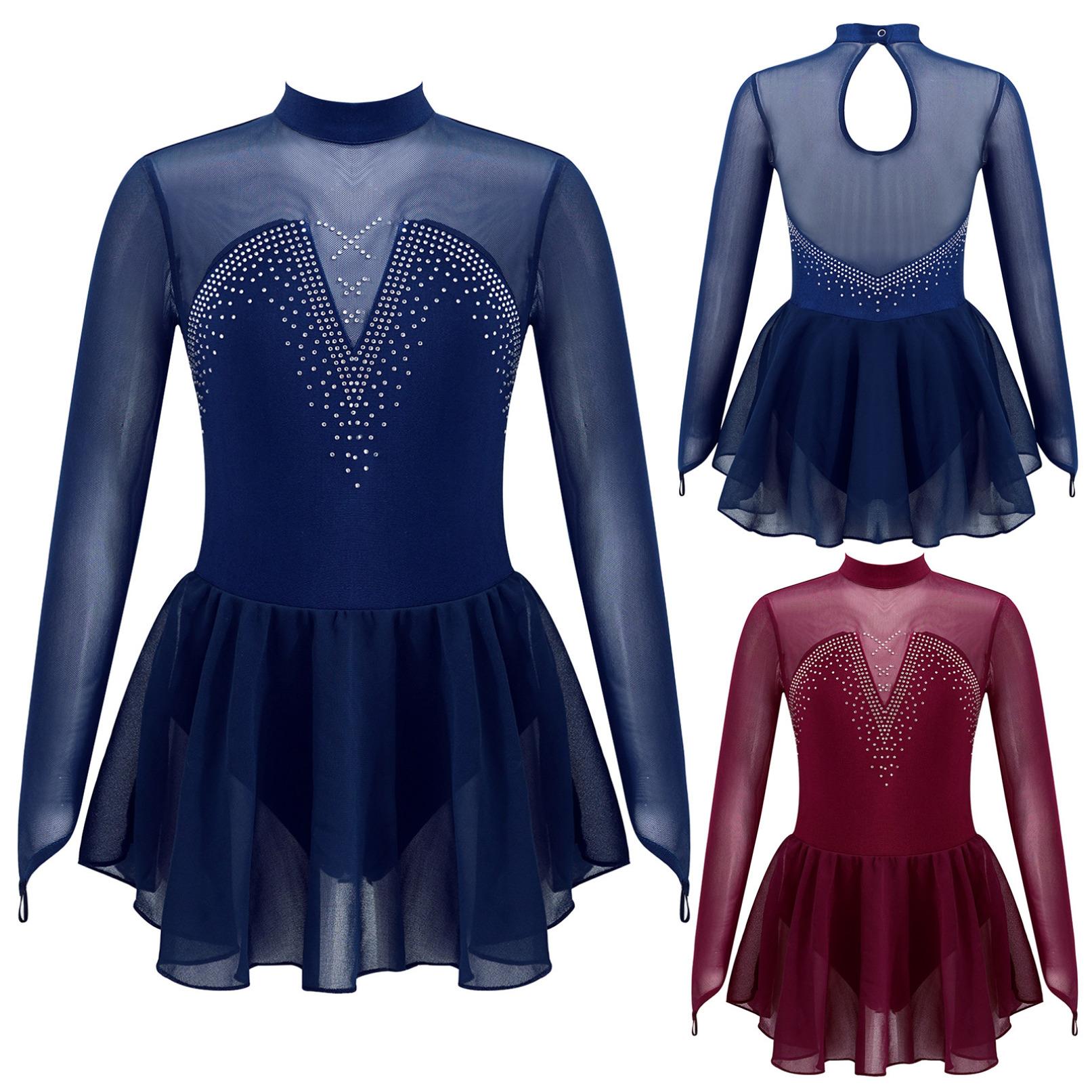 Manyakai Kinderen Meisjes Sparkle Mesh Splice Figuur Schaatsen Jurk Gymnastiek Dans Turnpakje Tutu Rok Prestaties Danskleding 5-6 Years marineblauwe kleur