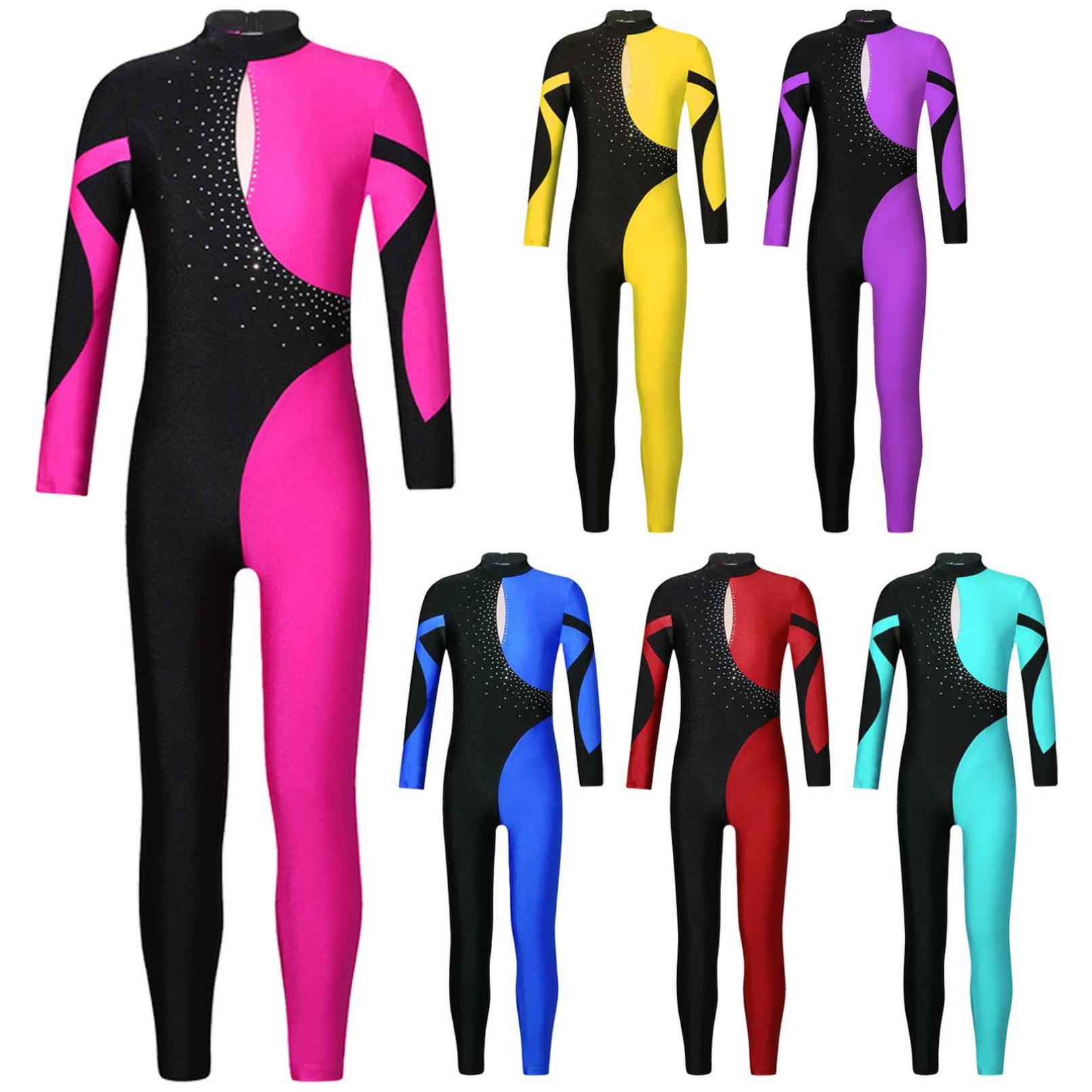 Daenrui Gymnastiek Jumpsuits Kinderen Glanzende Strass Schaatsen Bodysuit Meisjes Lange Mouw Ballet Dans Full Body Maillots Unitards 5-6 Years warm roze kleur