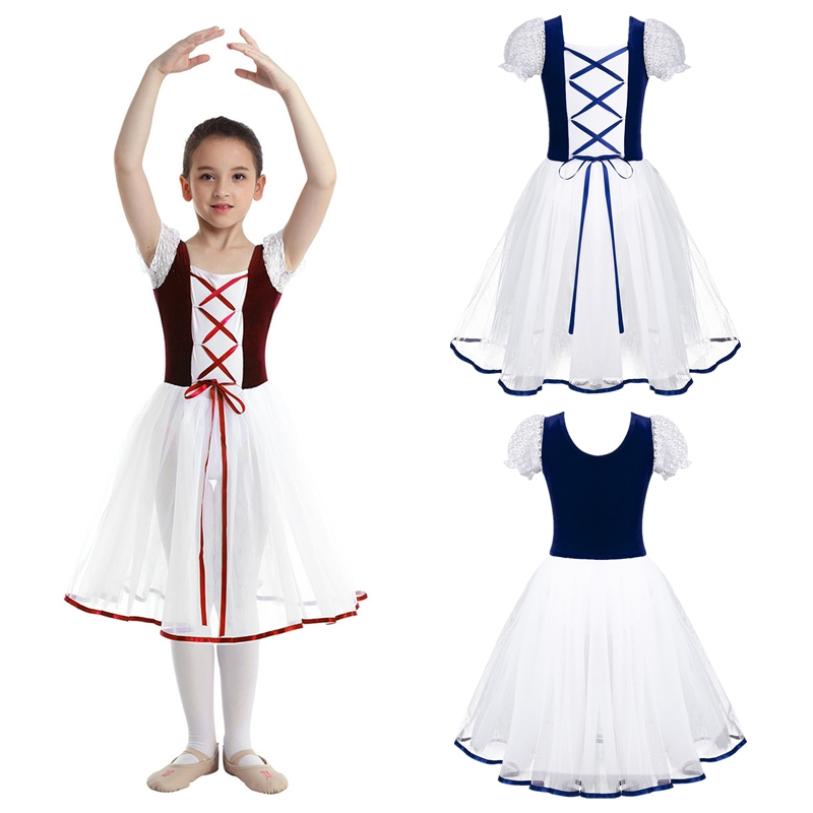 Tiaobug Kinderen Meisjes Fluwelen Mesh Kantwerk Korte Bubble Mouwen Ballet Dans Gymnastiek Turnpakje Vierkante Hals Tutu Jurk 3-4 Years marineblauwe kleur