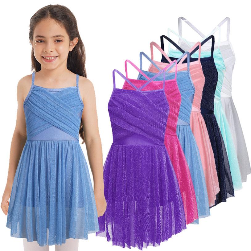 Inlzdz Kinderen meisjes glitter mesh spaghettibandjes ballet latin dans gymnastiek turnpakje jurk 9-10 Years marineblauwe kleur