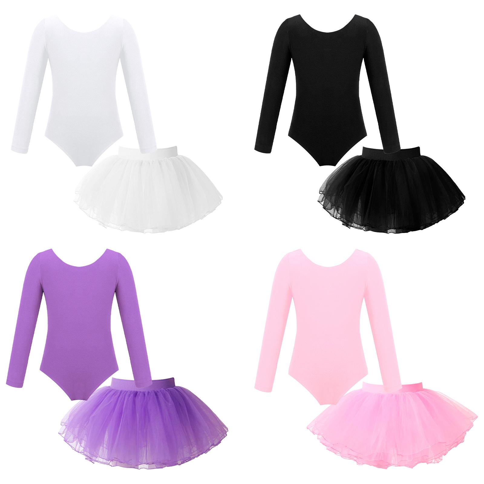 RUNQHUI Kinderen meisjes stijlvolle balletdanskleding set maillots met lange mouwen en elastische tailleband Tutu rok 2-3 Years wit