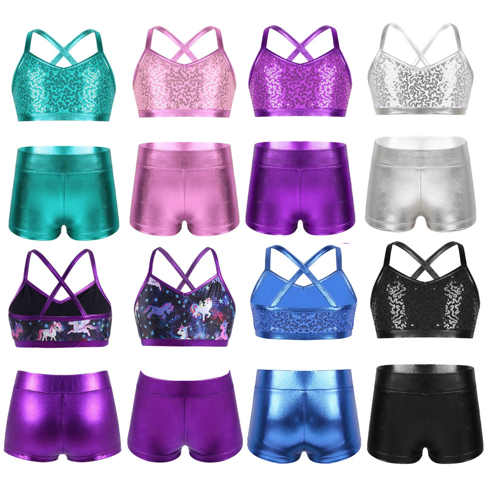 HULIJA Kinderen meisjes 2-delig gymnastiek turnpakje pailletten crop top atletische shorts balletdans tankinisets 5-6 Years meer blauwe kleur